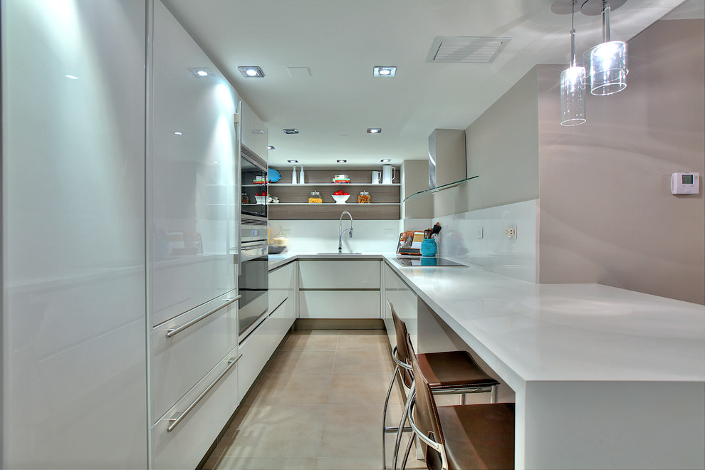 Photo of a contemporary u-shaped separate kitchen in Miami with flat-panel cabinets, white cabinets, white splashback and panelled appliances.
