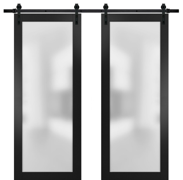 Glass Double Barn Doors 60 x 96 & 13FT Track Kit | Planum 2102 Black Matte