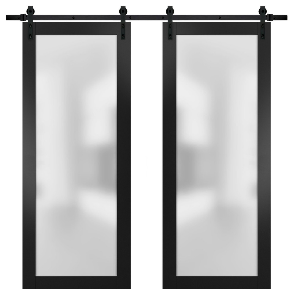 Glass Double Barn Doors 60 x 96 & 13FT Track Kit | Planum 2102 Black Matte