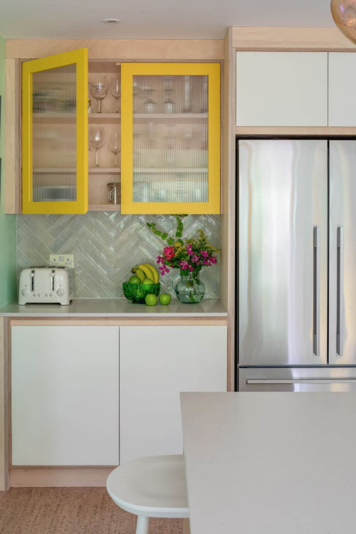 Yellow Details and Herringbone Tiles in Lovely Coffee Station - Cozy Retro Kitchen Backsplash Ideas