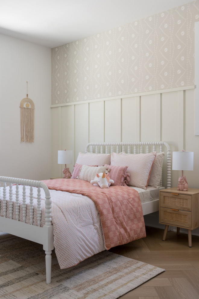 Playful Retreat - Kids' bedroom - bedroom and mid-sized transitional girl light wood floor, brown floor and wainscoting kids' bedroom idea in Los Angeles with multicolored walls