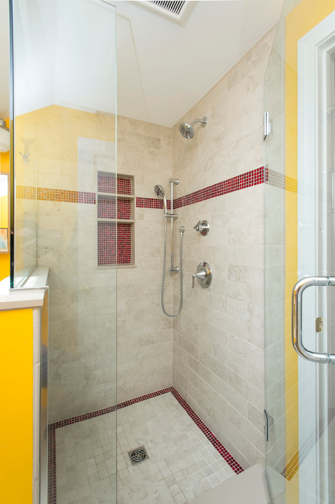 Inspiration for a small contemporary 3/4 bathroom in Boston with a corner shower, a two-piece toilet, beige tile, ceramic tile, yellow walls, ceramic floors and a console sink.