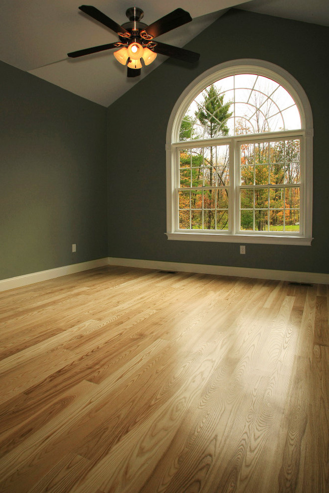 Photo of a mid-sized contemporary guest bedroom in Boston with green walls and light hardwood floors.