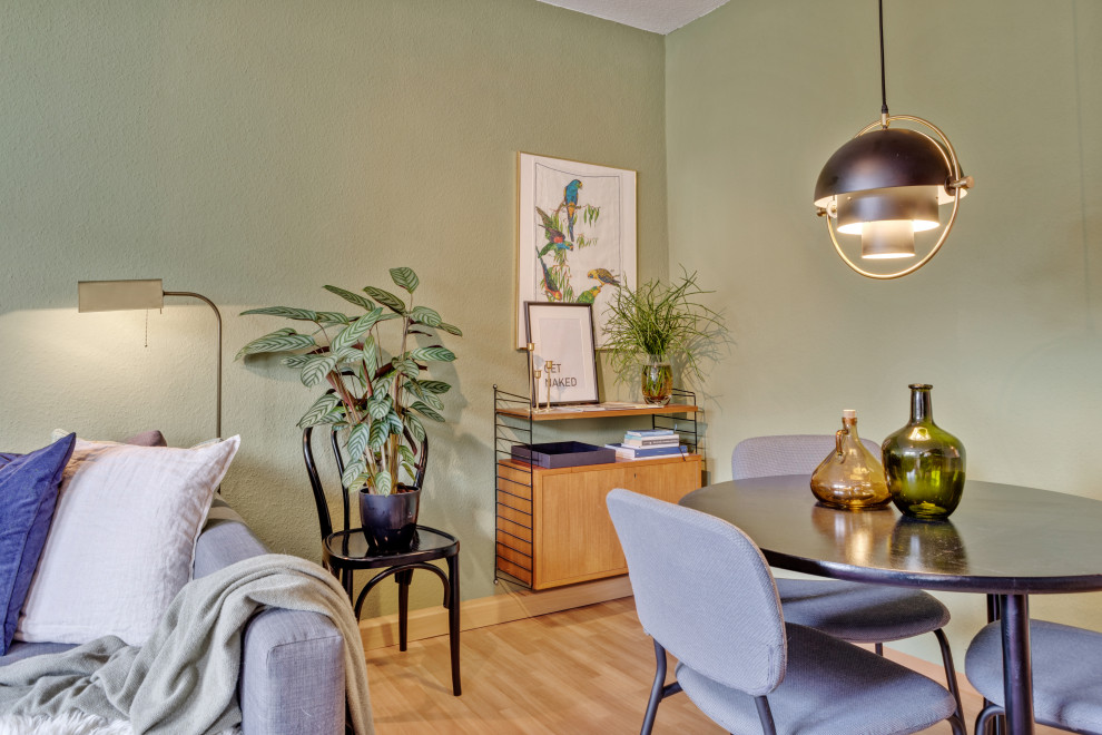Пример оригинального дизайна: гостиная комната в стиле ретро с зелеными стенами