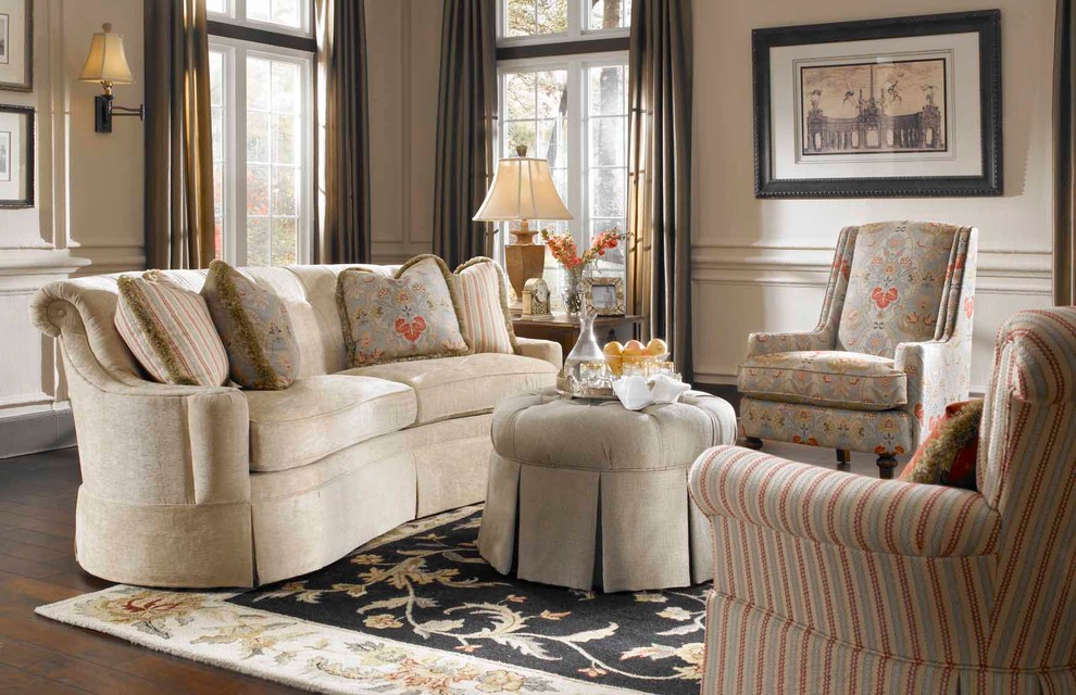Design ideas for a traditional formal living room in Boston with beige walls and dark hardwood floors.