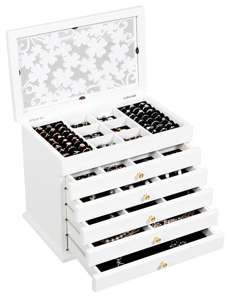 Costway Large Wooden Jewelry Box ArmoireCase w/ 5 Drawers & Acrylic Top Transitional