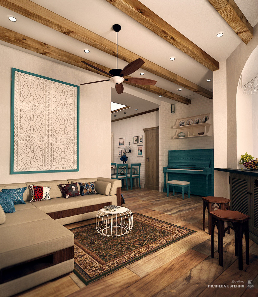 Mid-sized mediterranean open concept living room in Moscow with a home bar, white walls, painted wood floors, no fireplace, a wall-mounted tv and brown floor.