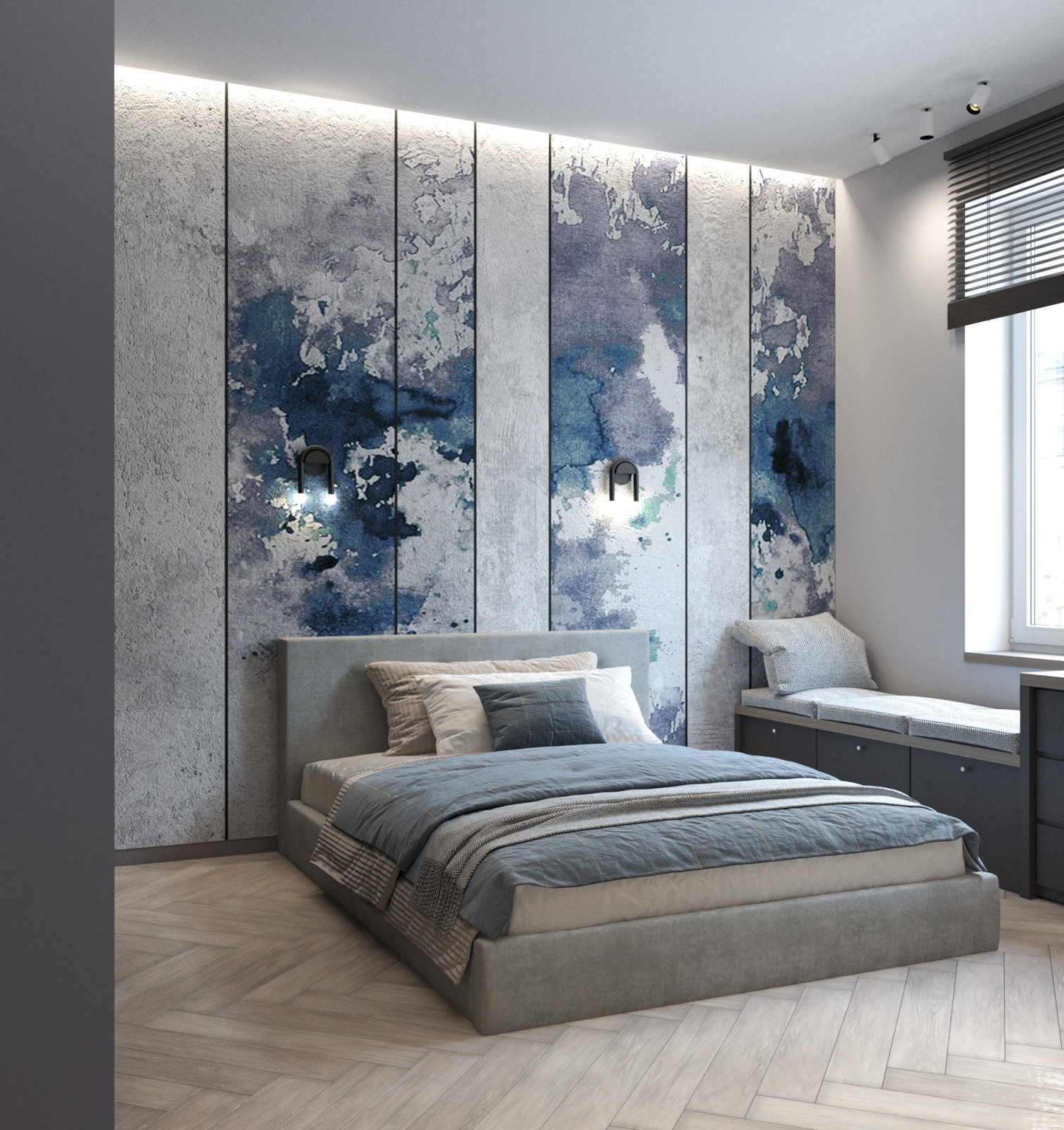 Просторная квартира в синими стенами