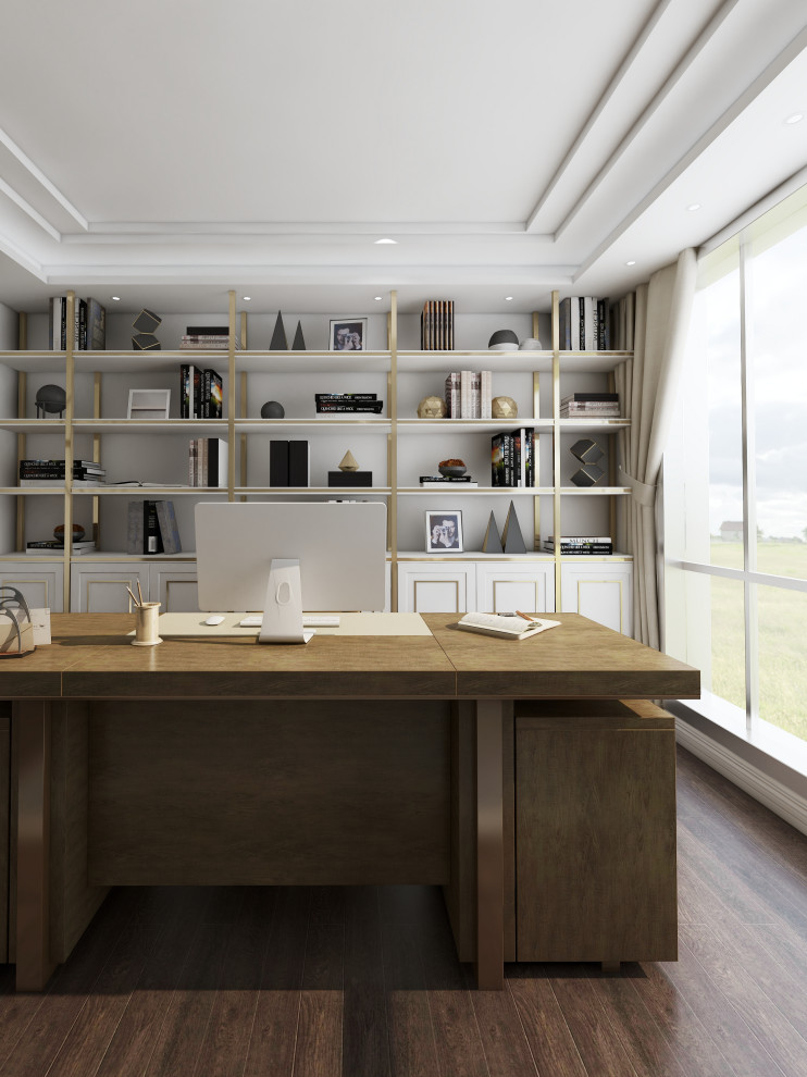 Esempio di un ufficio minimalista di medie dimensioni con pareti bianche, parquet scuro, nessun camino, scrivania autoportante, pavimento marrone e soffitto a cassettoni