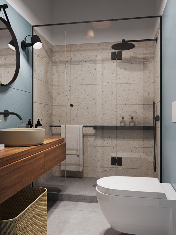 Immagine di una piccola stanza da bagno padronale minimalista con ante in legno chiaro, doccia doppia, WC sospeso, piastrelle in pietra, pareti blu, pavimento in cemento, lavabo da incasso, top in legno, pavimento grigio, porta doccia scorrevole e un lavabo