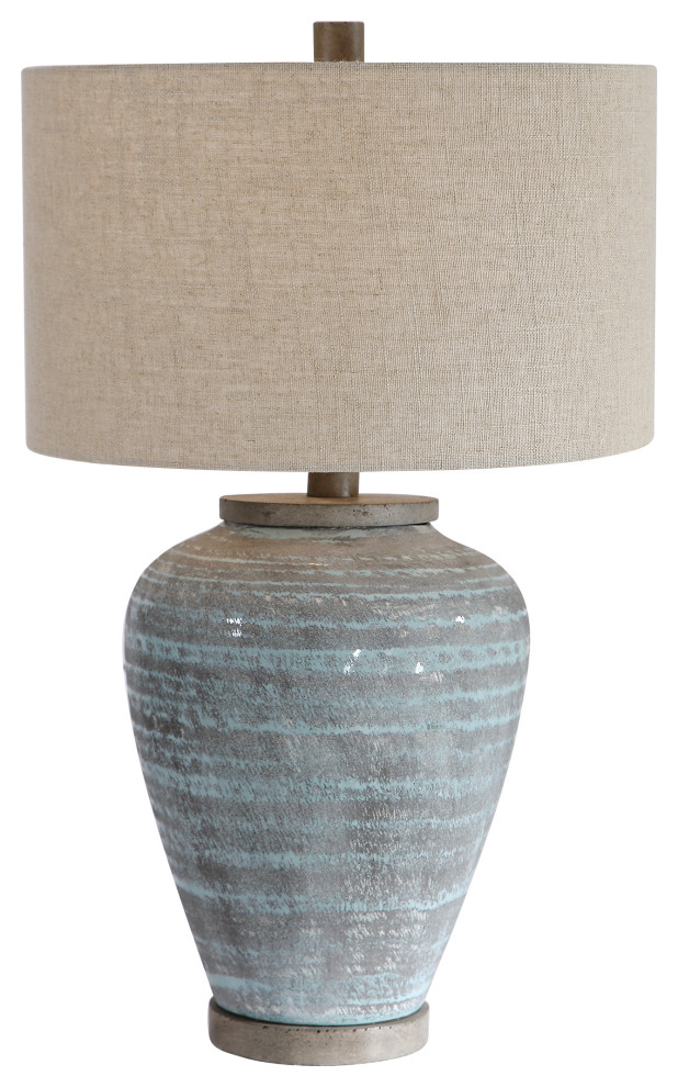 Rustic Bohemian Round Aqua Blue Gray Table Lamp, Ceramic Vintage Style