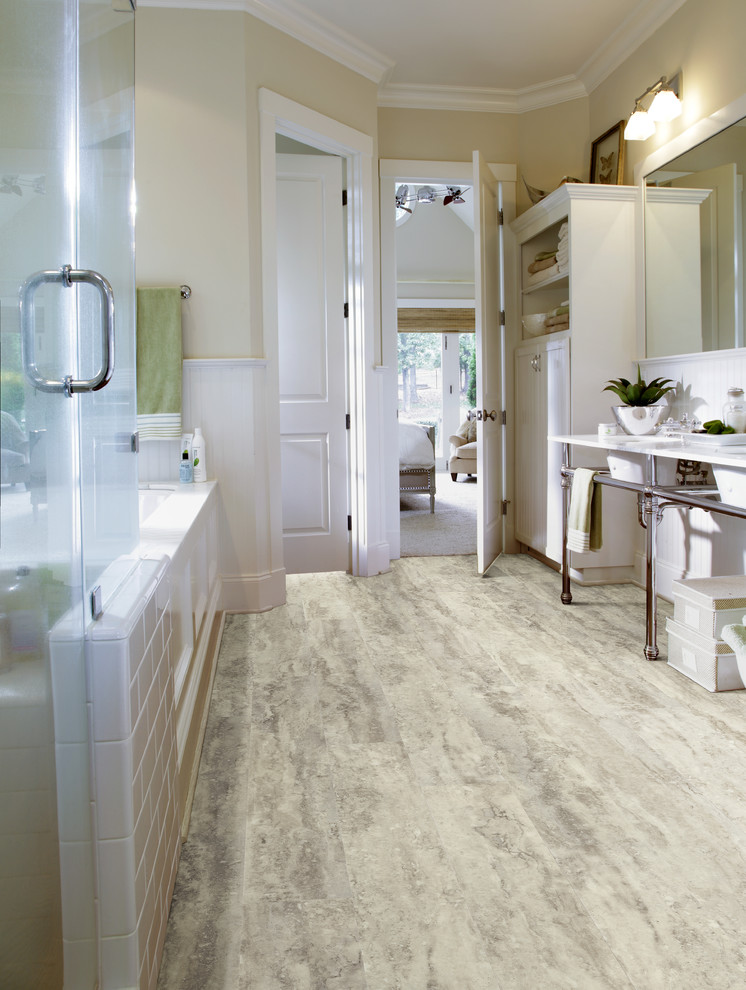 Inspiration for a large country master bathroom in Minneapolis with open cabinets, white cabinets, an undermount tub, a corner shower, white tile, subway tile, beige walls, vinyl floors, an integrated sink and marble benchtops.