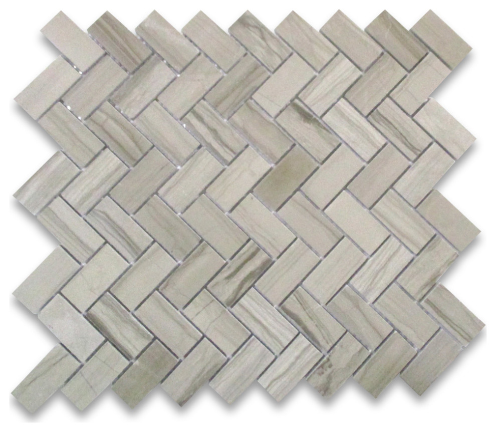 Herringbone Athens Grey Marble Mosaic Tile Haisa Dark Polished 1x2", 1 sheet