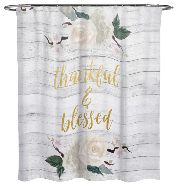 Oliver Gal Thankful and Blessed Printed Fabric Shower Curtain, 74"x71", Gray Contemporary