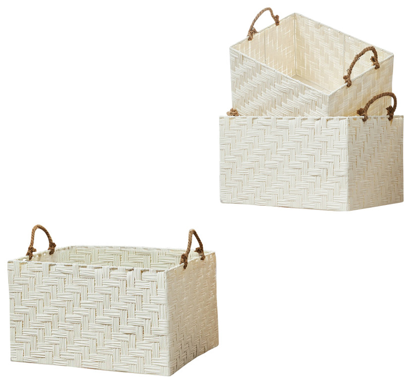 Nautica 3Piece Set Rectangle Storage Bins with Rope Handles, White