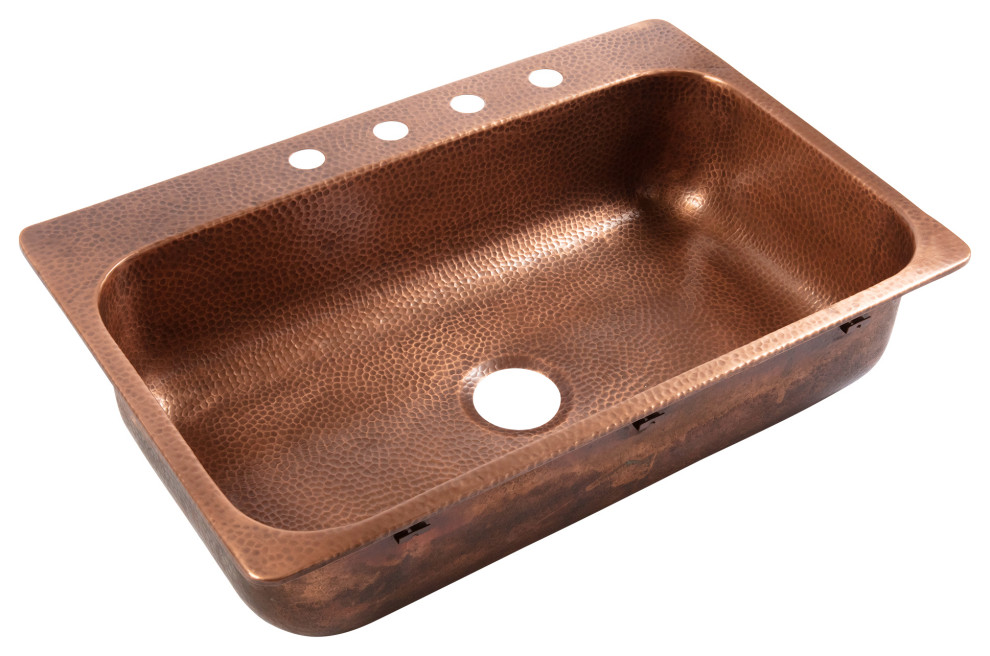 Angelico Copper 33" Single Bowl Drop-In Kitchen Sink with 4 Holes