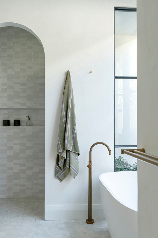Design ideas for a small contemporary 3/4 bathroom in Perth with medium wood cabinets, a freestanding tub, white tile, white walls, cement tiles, a drop-in sink, engineered quartz benchtops, grey floor, yellow benchtops, a single vanity and a floating vanity.
