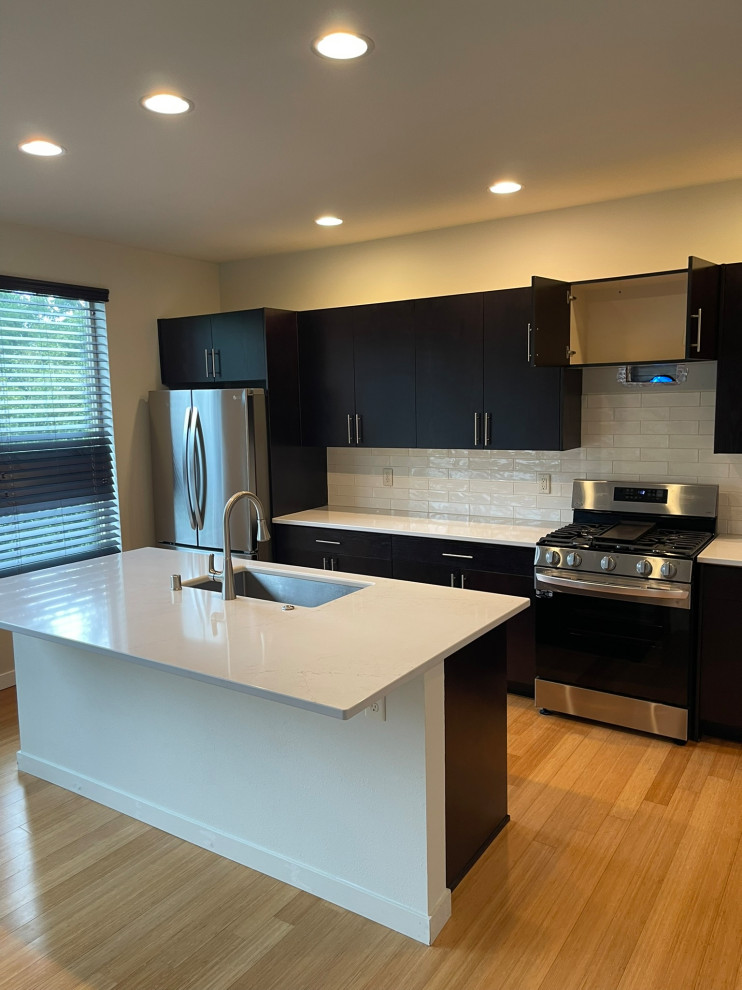 Dark Wood Laminate Cabinet Reface With Full Ceiling-Height Extension