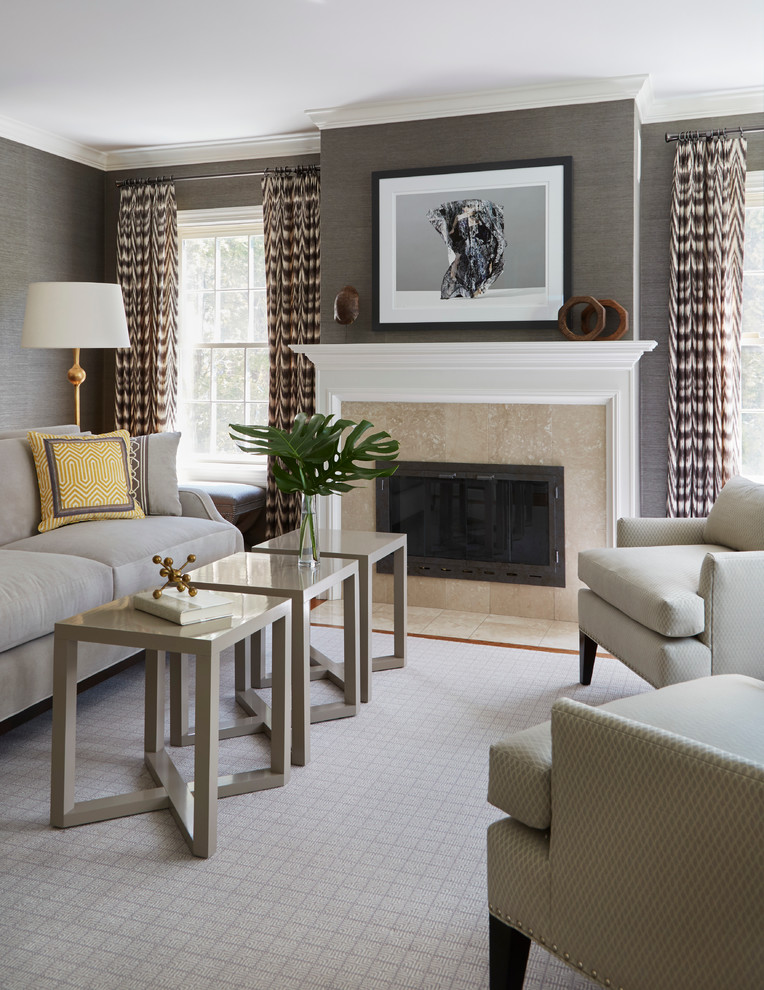 Design ideas for a mid-sized transitional formal enclosed living room in Chicago with grey walls, carpet, a ribbon fireplace, a stone fireplace surround, no tv and grey floor.