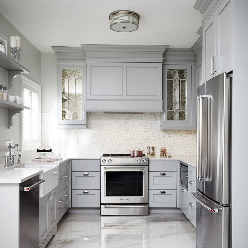 Inspiration for a mid-sized transitional u-shaped separate kitchen in Other with a farmhouse sink, shaker cabinets, grey cabinets, multi-coloured splashback and stainless steel appliances.