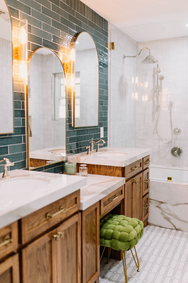 Inspiration for an eclectic bathroom in Dallas with furniture-like cabinets, medium wood cabinets, a drop-in tub, a shower/bathtub combo, a one-piece toilet, green tile, ceramic tile, green walls, ceramic floors, a drop-in sink, engineered quartz benchtops, multi-coloured floor, an open shower, multi-coloured benchtops, a double vanity and a built-in vanity.