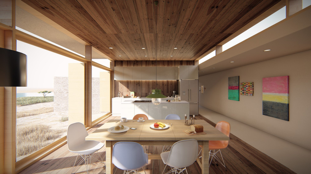 На фото: гостиная-столовая среднего размера в стиле модернизм с коричневыми стенами, темным паркетным полом, стандартным камином, фасадом камина из металла, коричневым полом, деревянным потолком и деревянными стенами с