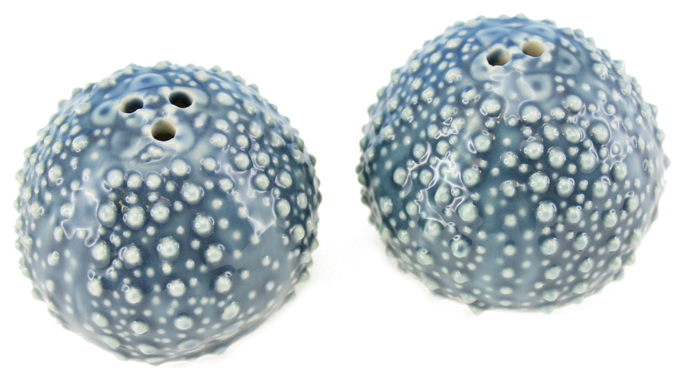 Royal Blue and White Sea Urchins Salt and Pepper Shaker Set Ceramic