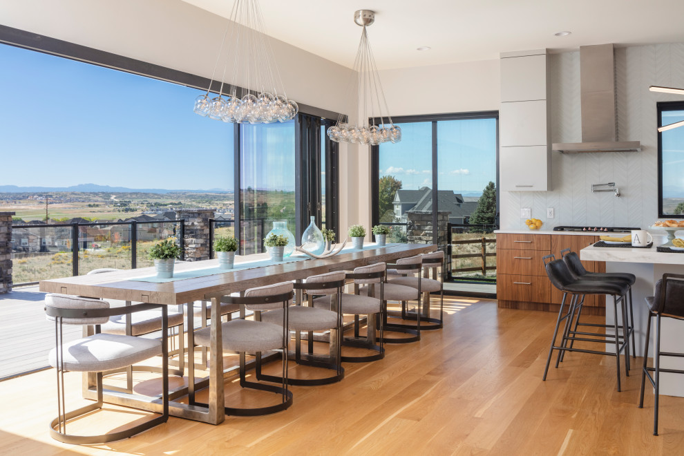 Example of a large trendy light wood floor kitchen/dining room combo design in Denver