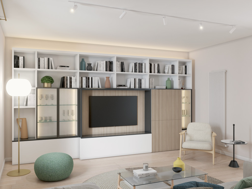 Design ideas for a medium sized scandinavian open plan living room in Cagliari with a reading nook, white walls, light hardwood flooring, a corner fireplace, a plastered fireplace surround, a built-in media unit, beige floors and wallpapered walls.