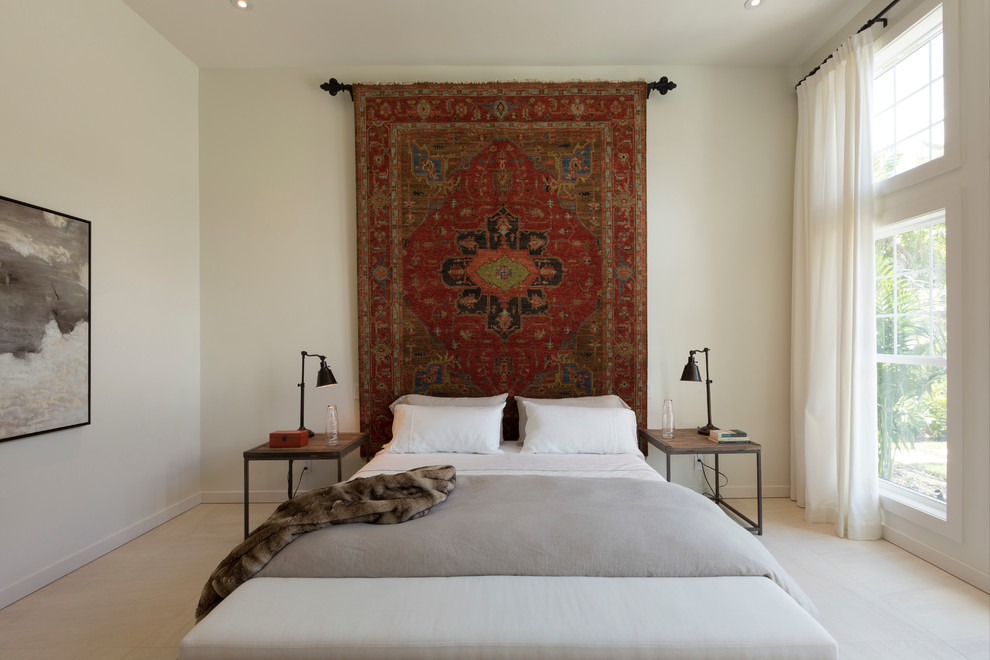 Bedroom - mid-sized scandinavian master carpeted bedroom idea in Miami with white walls