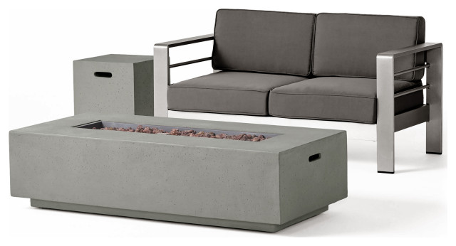 GDF Studio Danae Coral Loveseat and Fire Pit Set With Cushions, Silver/Khaki/Light Gray