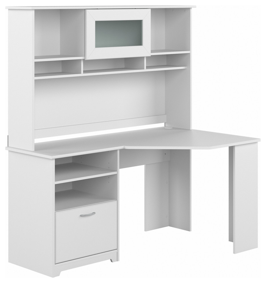 Cabot 60W Corner Desk With Hutch, White Transitional Desks And