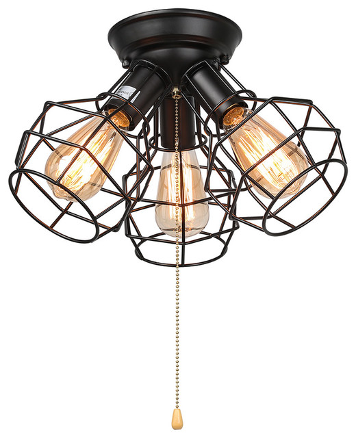 Lnc Wire Cage Ceiling Lights 3 Light Pull String Lamp Black Finish Industrial Flush Mount Lighting By Houzz - 3 Light Ceiling Fixture With Pull Chain