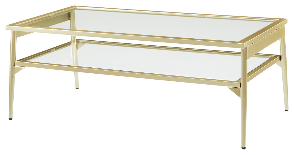 Rayna 42" 2 Tier Glass and Metal Coffee Table, Gold Midcentury