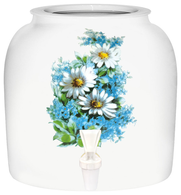 White Daisy Porcelain Ceramic Water Dispenser Crock With Faucet