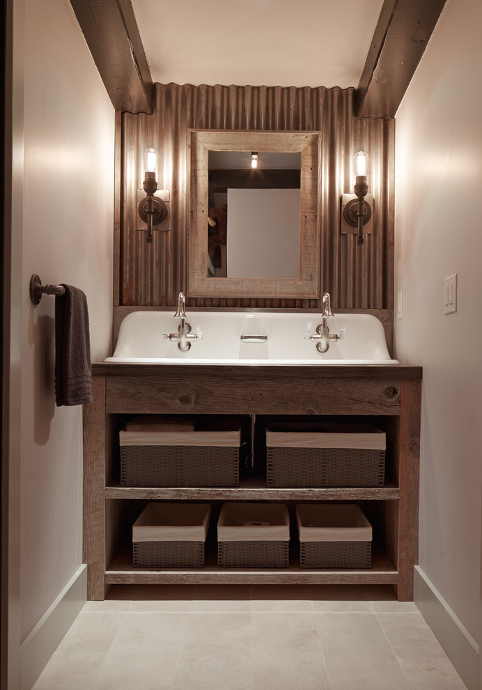 Inspiration for a country bathroom in San Francisco with a trough sink and open cabinets.