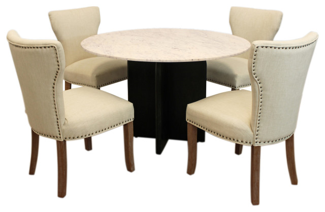 Lavaca 5-Piece Dining Set, 48" Round Dining Table and 2 Sets of Ivory Chairs