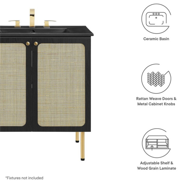 Modway Chaucer 30" Wood & Rattan Bathroom Vanity with Adjustable Shelf ...