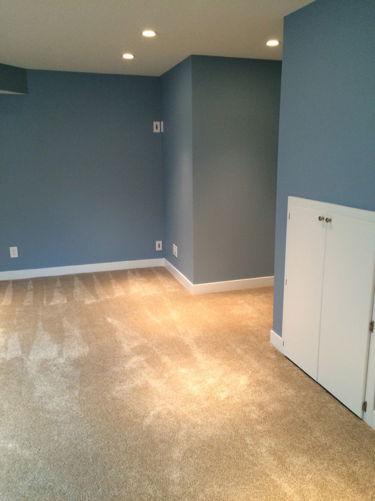 Inspiration for a mid-sized transitional look-out carpeted and brown floor basement remodel in Calgary with gray walls and no fireplace