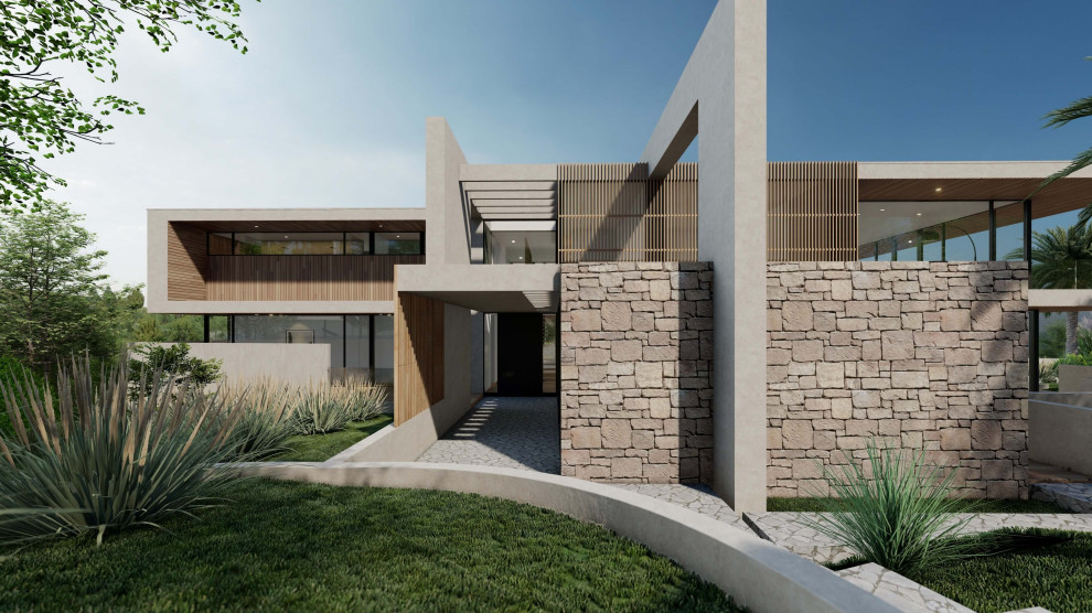 Design ideas for an expansive modern concrete house exterior in Melbourne with three floors and a flat roof.