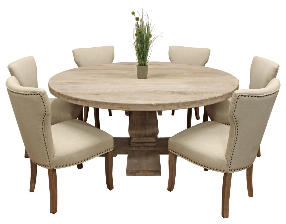Benedict 7Piece Dining Set, 70" Round Dining Table & 6 Ivory Linen