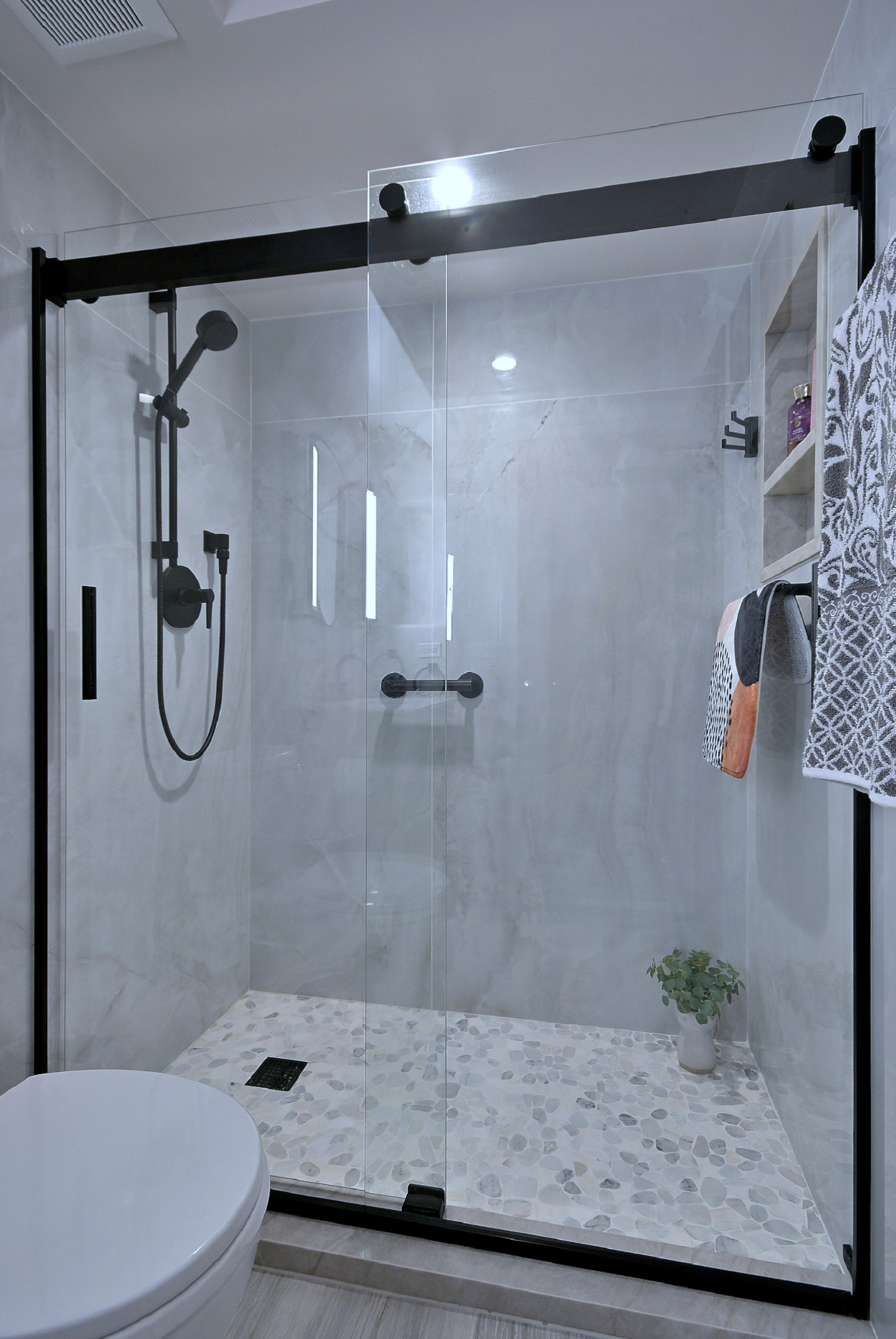 Modern Transitional Bathroom with Sliding Barn Door Vanity
