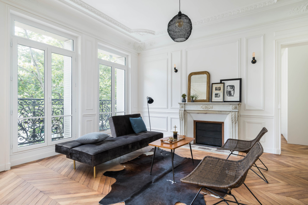 Inspiration for a large contemporary formal open concept living room in Paris with white walls, medium hardwood floors, a standard fireplace, a stone fireplace surround, no tv, brown floor, exposed beam and decorative wall panelling.