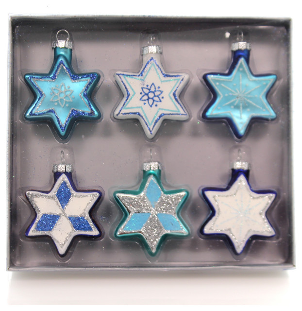 Holiday Ornaments JEWISH STAR S WITH GLITTER Glass Hanukkah St/6 H8203
