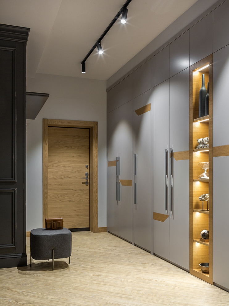 This is an example of a mid-sized contemporary front door in Other with grey walls, vinyl floors, a single front door, a medium wood front door and beige floor.