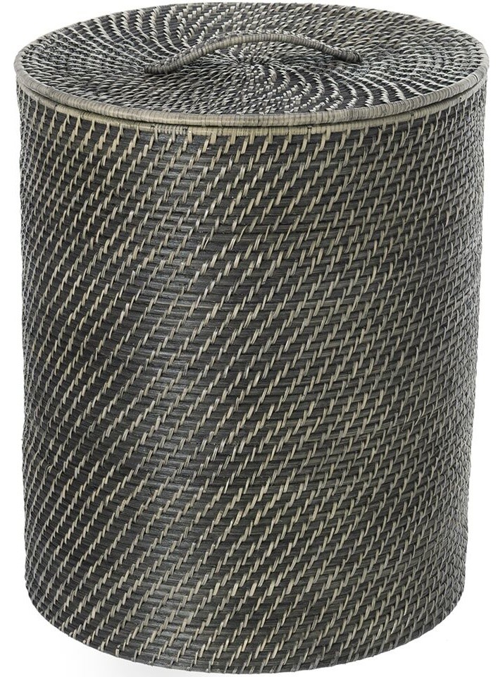 Laguna Round Rattan Hamper w/Liner, Black Wash Tropical Hampers