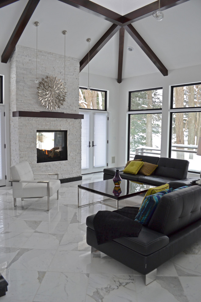Inspiration for a mid-sized contemporary formal open concept living room in Dallas with white walls, a two-sided fireplace, a stone fireplace surround, no tv and marble floors.