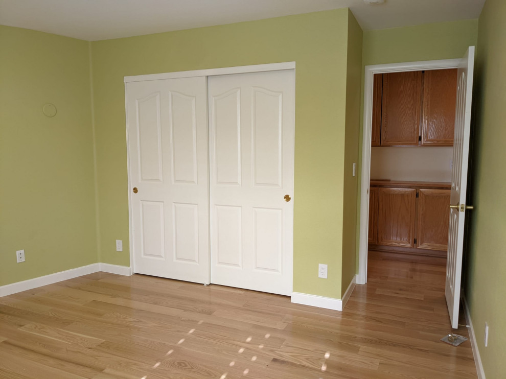Modern inredning av ett gästrum, med gröna väggar, målat trägolv och orange golv
