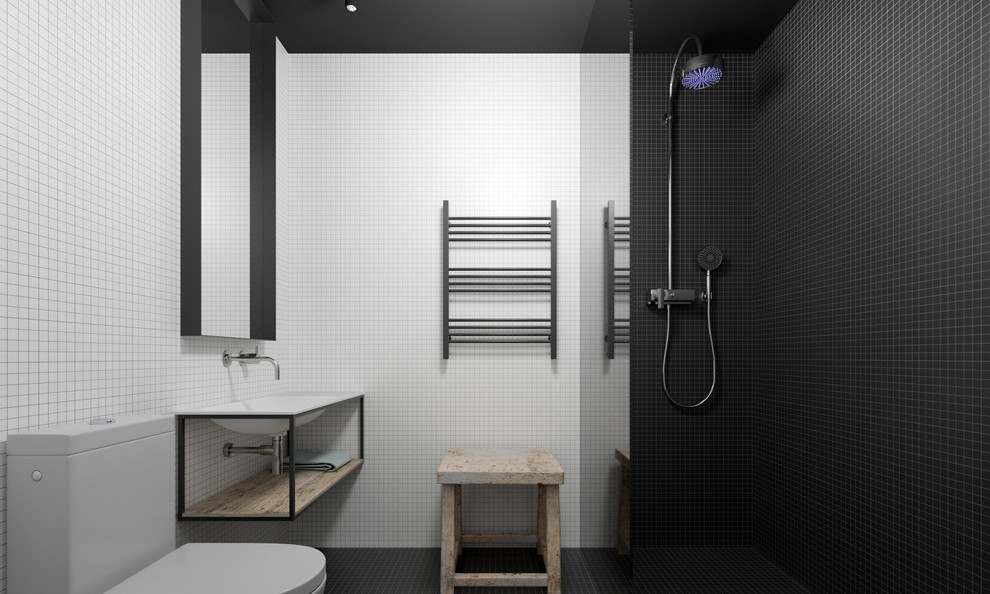 Design ideas for a mid-sized contemporary master bathroom in Other with a curbless shower, black and white tile, pebble tile, black walls, mosaic tile floors, a drop-in sink and wood benchtops.