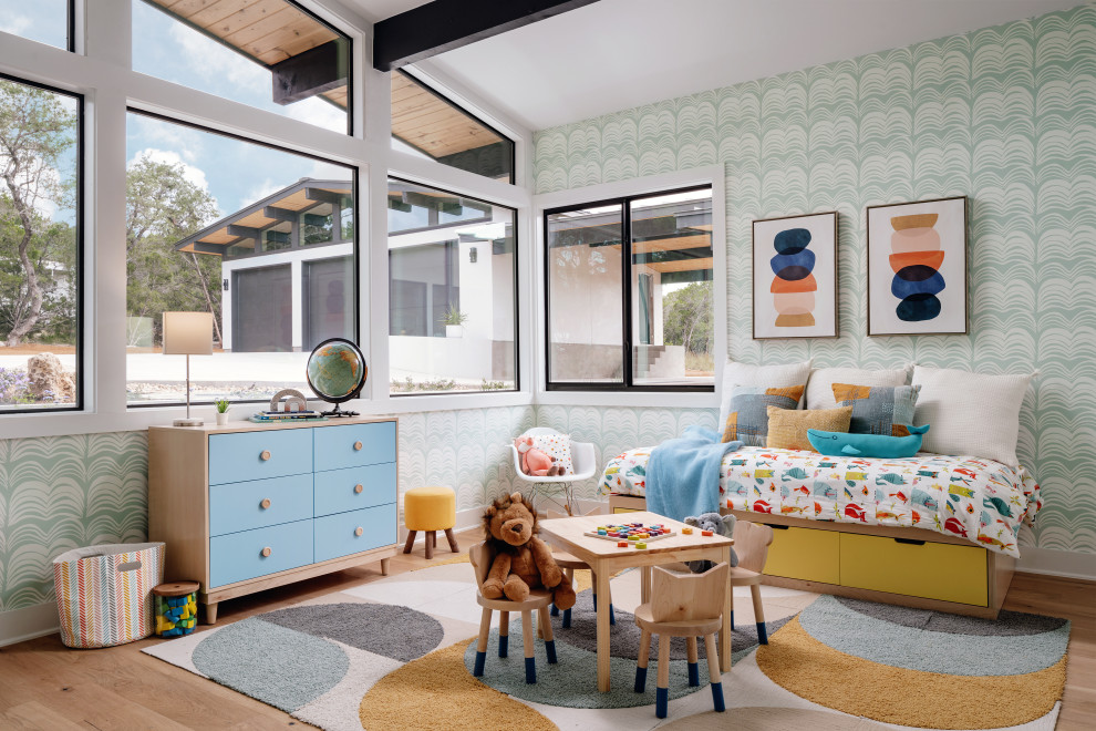 Inspiration for a mid-sized 1950s gender-neutral medium tone wood floor and beige floor playroom remodel in San Francisco with multicolored walls